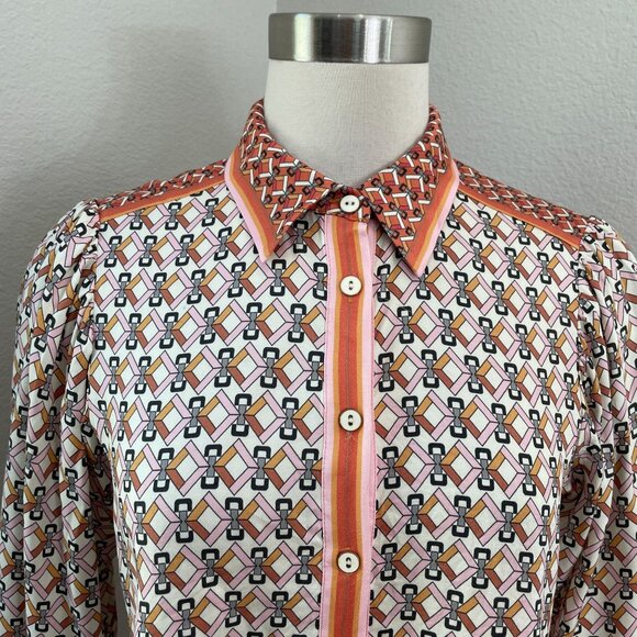 Hale Bob Womens Small Long Sleeve Button Up Blouse Geometric Orange White Shirt - Picture 2 of 13